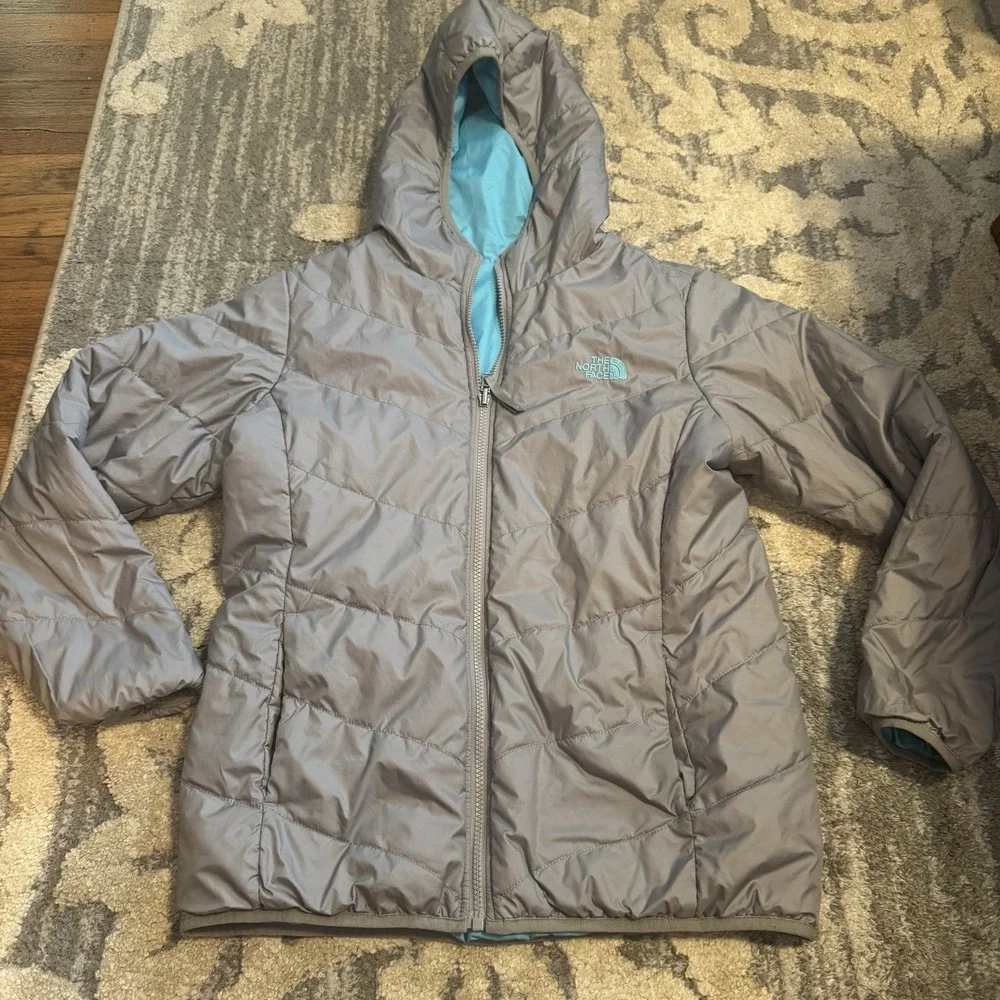 The‎ North Face GIRLS Reversible Fleece Lined Winter Jacket XL, Light Gray/Aqua